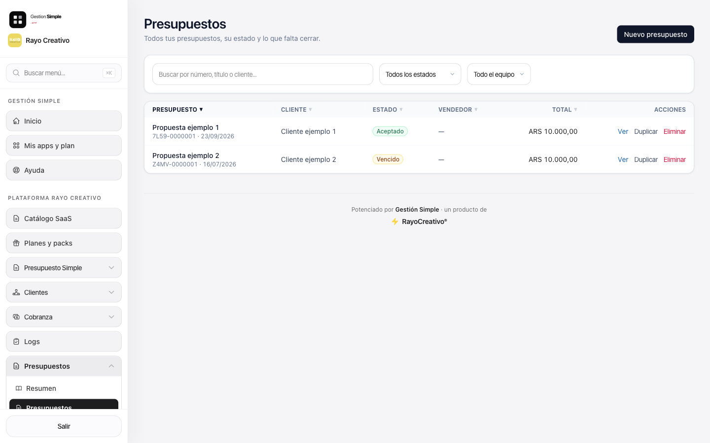 Listado de presupuestos en Presupuesto Simple