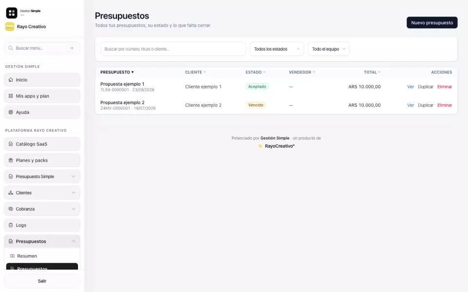 Listado de presupuestos en Presupuesto Simple