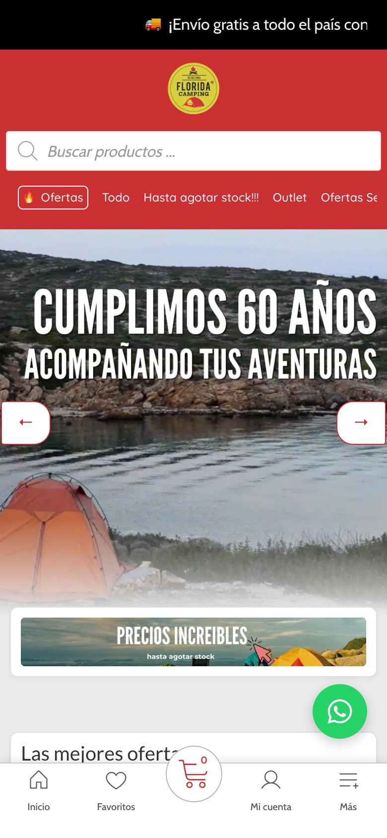 Florida Camping en un iPhone, con el título, el botón y el WhatsApp a la vista
